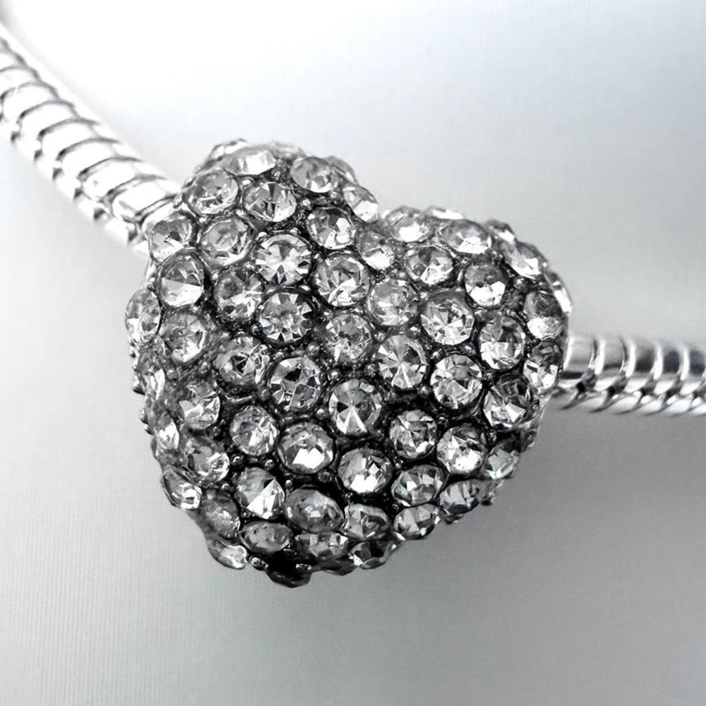 Sparkling Silver Rhinestone Heart Bead Charm Fits Snake Chain‎ Bracelets